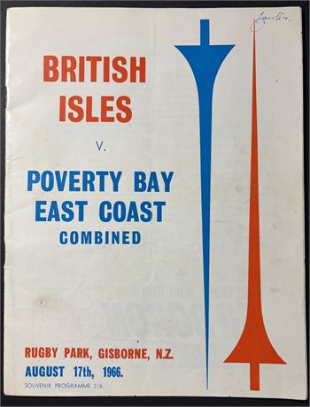 Rugby Union - Tour Prog. 1966 Pov. By - East Coast Combined v British Isles.